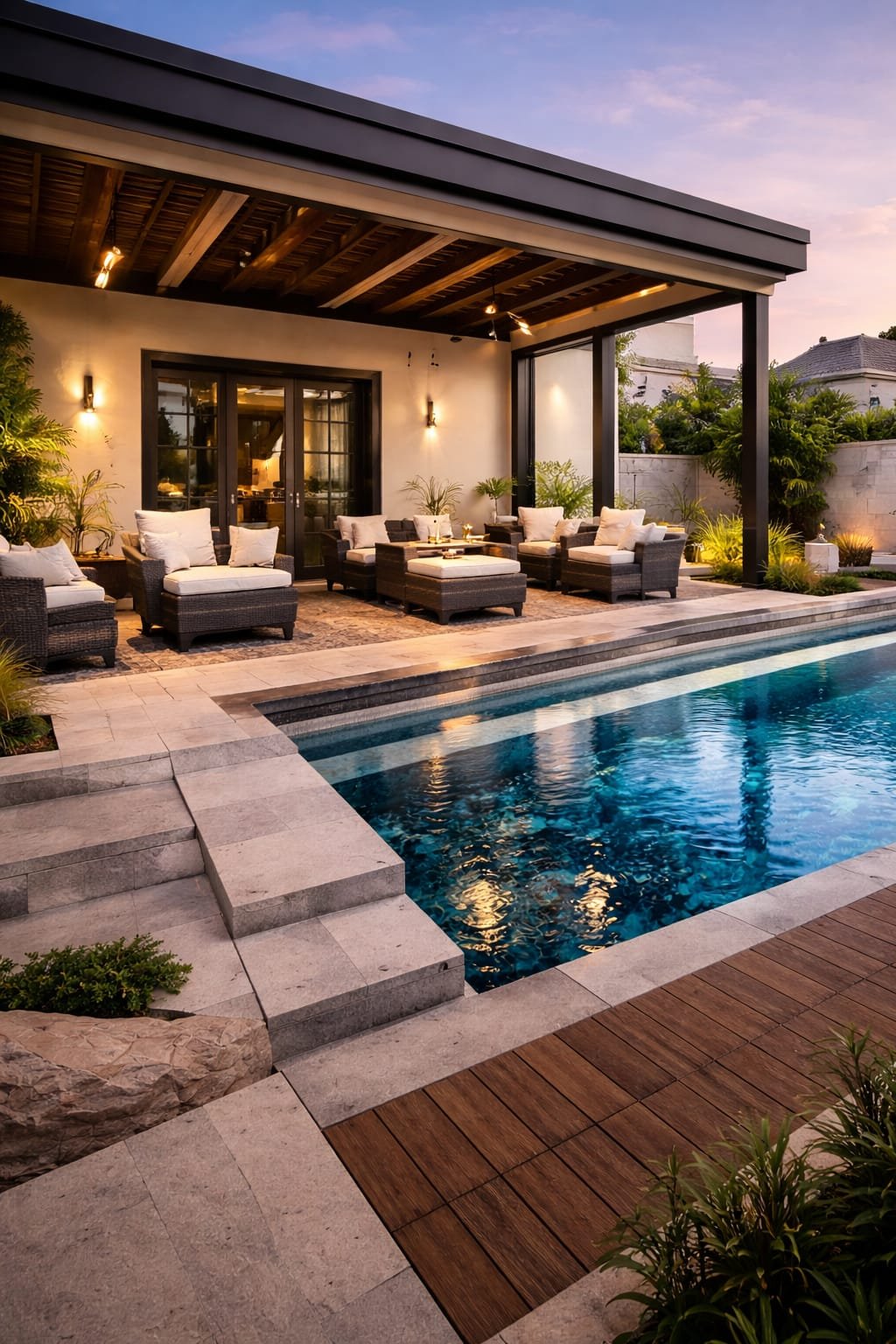 living renovation Dubai pool pergola landscaping luxury villa exterior