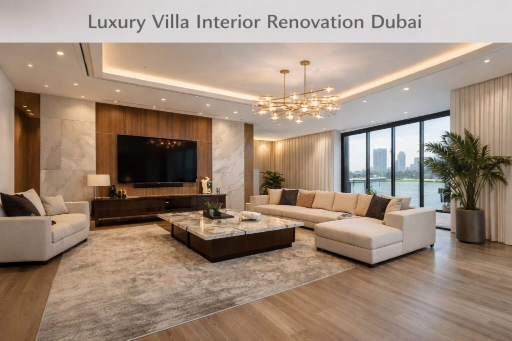 Luxury villa interior renovation Dubai modern living room design with ceiling lights