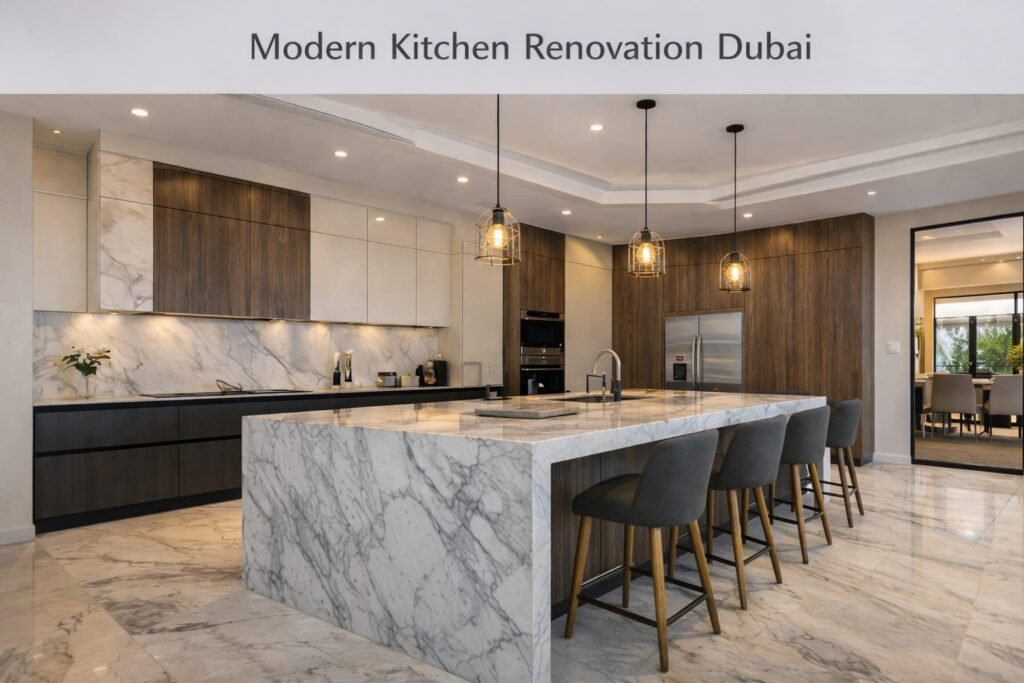 Modern kitchen renovation Dubai villa with marble island and built-in appliances