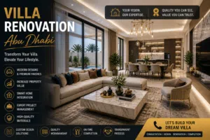 Villa renovation Abu Dhabi modern luxury living room with open plan design marble flooring and smart lighting