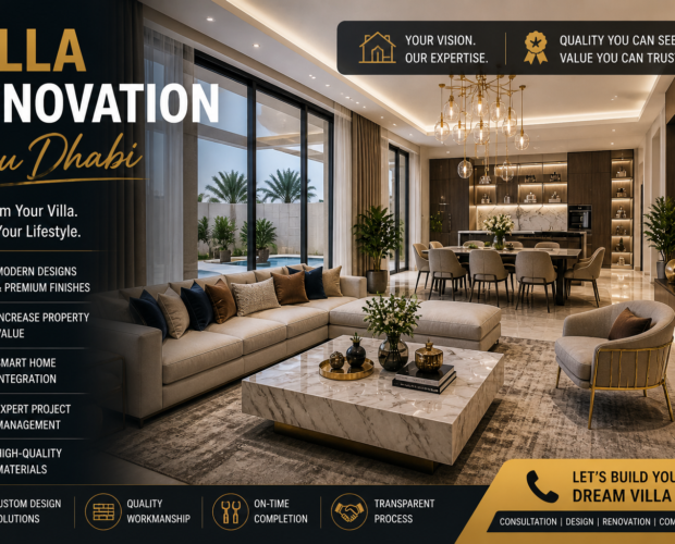Villa renovation Abu Dhabi modern luxury living room with open plan design marble flooring and smart lighting