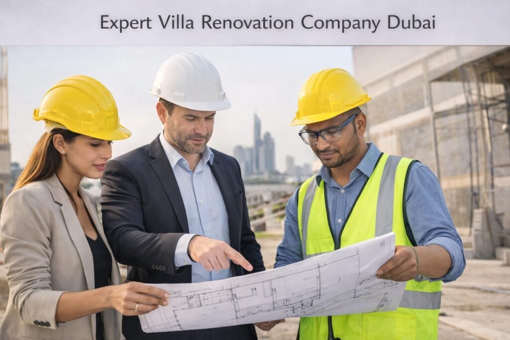 Villa renovation company Dubai team discussing construction plans on site