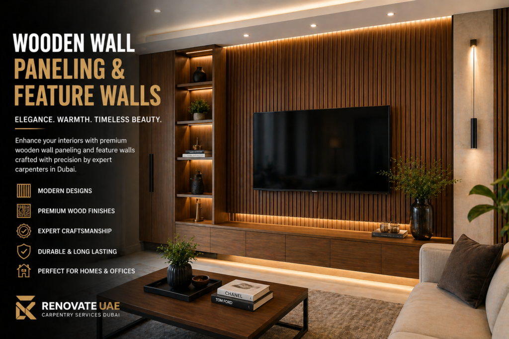 Wood wall paneling Dubai feature wall carpentry modern interior