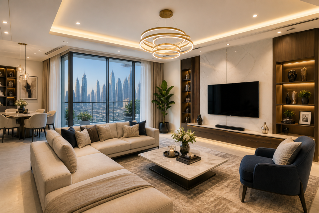 luxury apartment renovation Dubai living room interior design