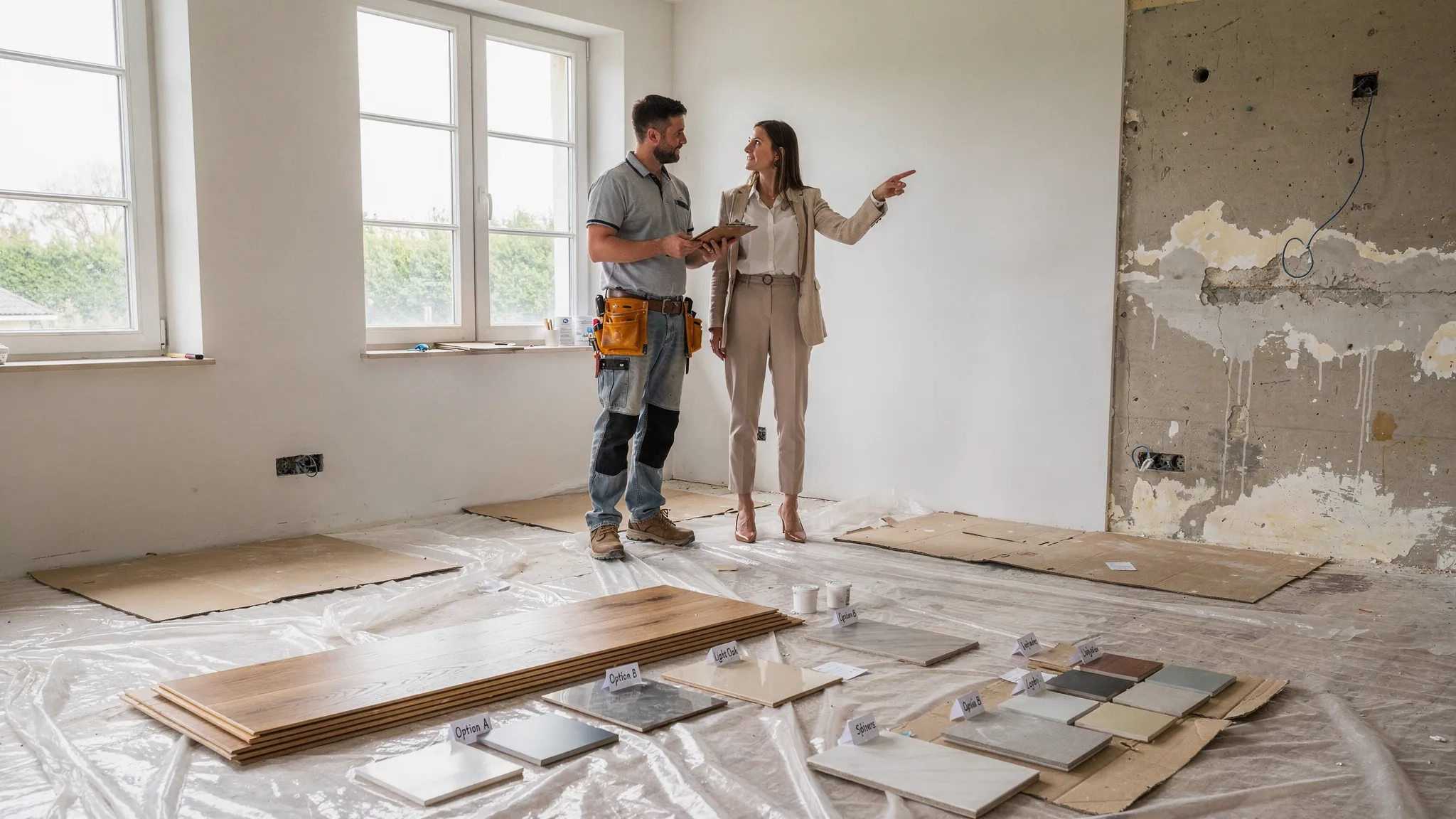 A bright villa room during an early renovation inspection, with covered flooring, one exposed wall, labeled material samples on the floor, and a contractor reviewing notes with the homeowner.