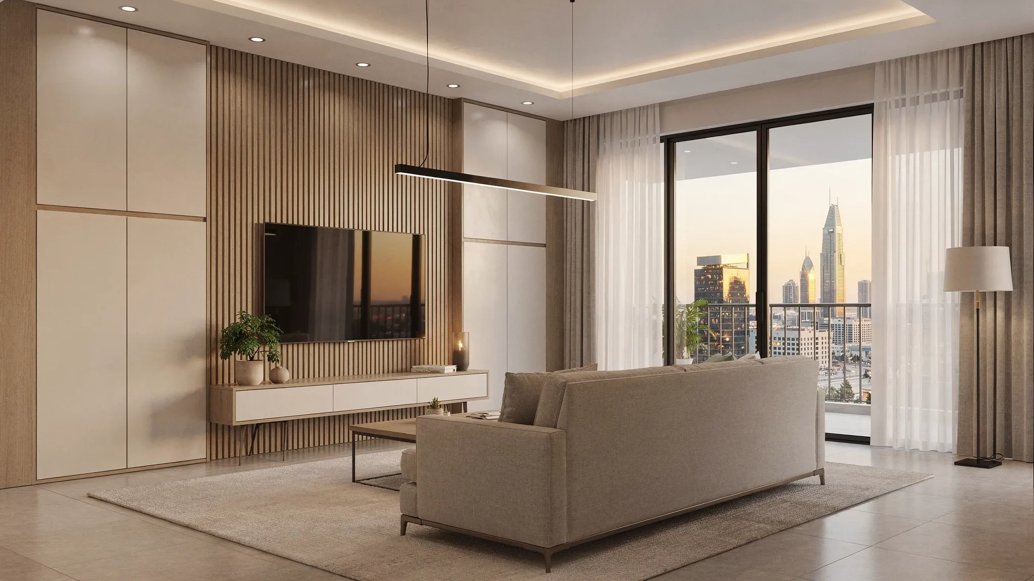 A modern UAE apartment living room with neutral tones, wood wall panels, built-in storage, layered ceiling lighting, a soft rug, and balcony doors opening to a city view.