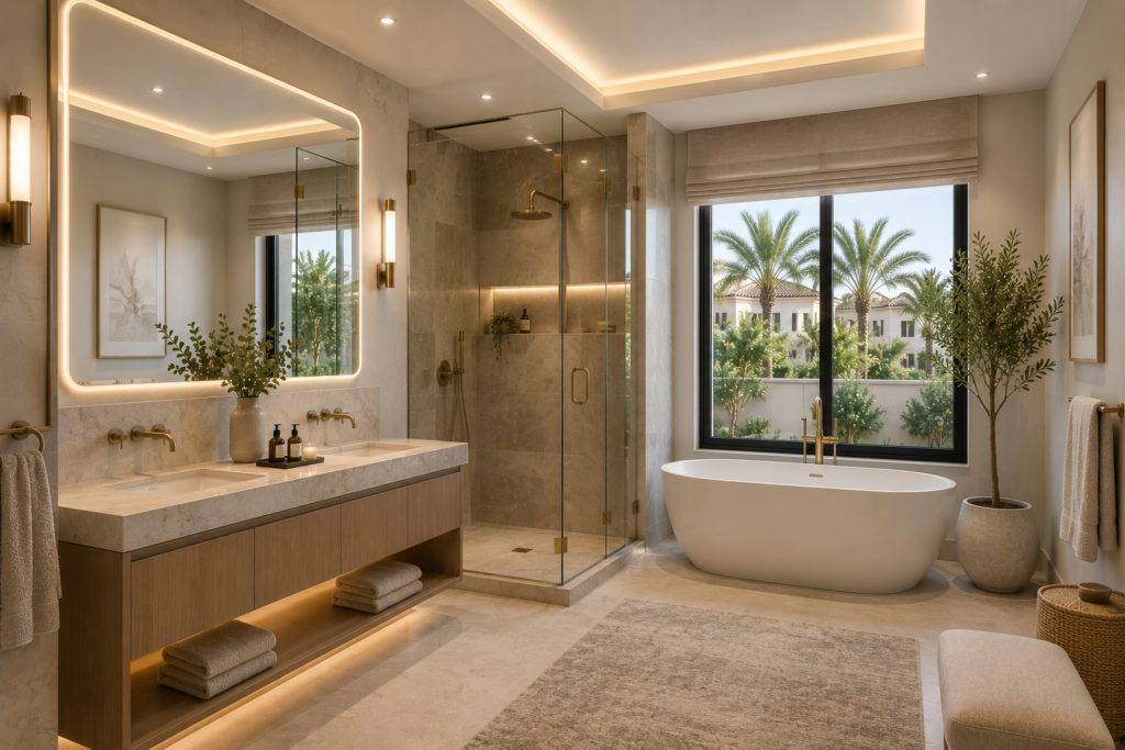 Luxury bathroom renovation in Arabian Ranches Dubai featuring a freestanding bathtub, walk-in glass shower, custom vanity, and premium marble finishes.