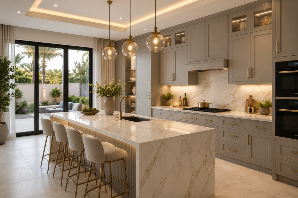 Modern luxury kitchen renovation in Arabian Ranches Dubai featuring marble island, custom cabinetry, premium lighting, and elegant contemporary design.