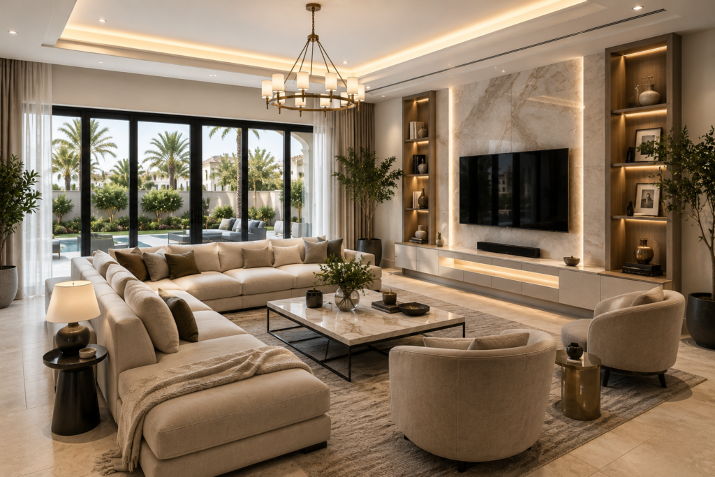 Modern luxury living room renovation in Arabian Ranches Dubai featuring custom TV wall, elegant furniture, marble finishes, and contemporary interior design.