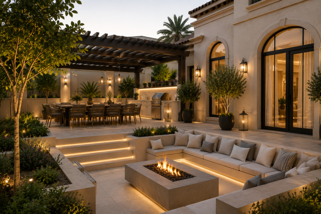 Luxury outdoor living area renovation in Arabian Ranches Dubai featuring pergola, outdoor kitchen, fire pit seating, landscaped garden, and modern villa backyard design.