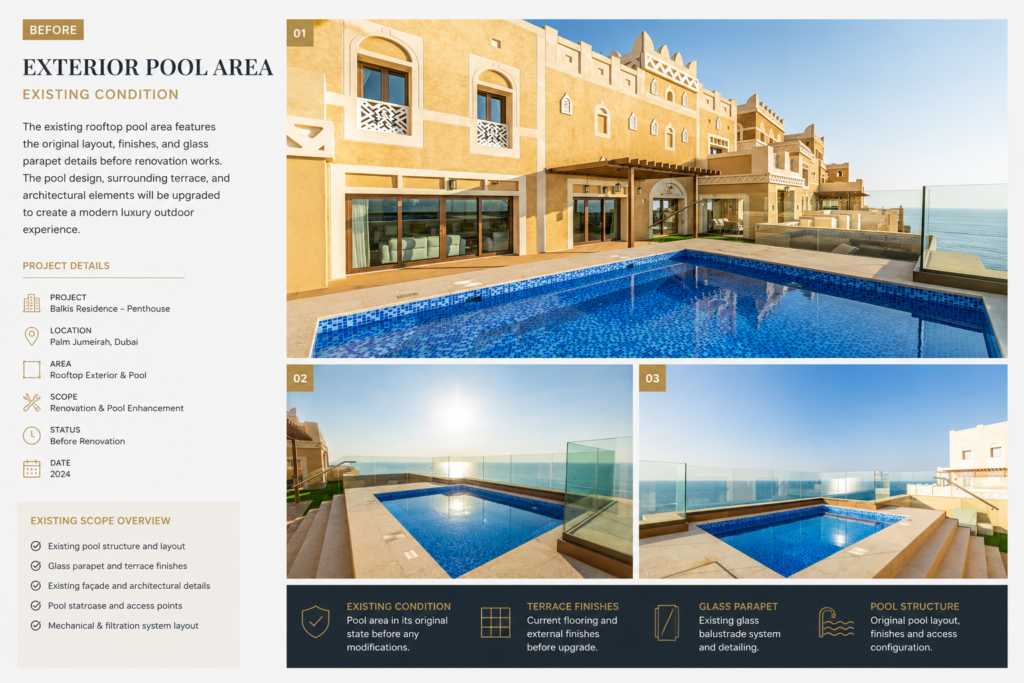 Existing rooftop pool and exterior terrace before luxury penthouse renovation in Palm Jumeirah Dubai