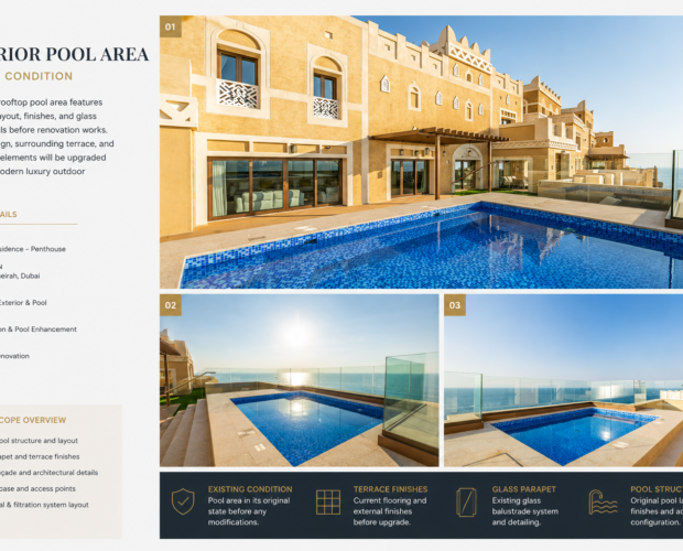 Existing rooftop pool and exterior terrace before luxury penthouse renovation in Palm Jumeirah Dubai