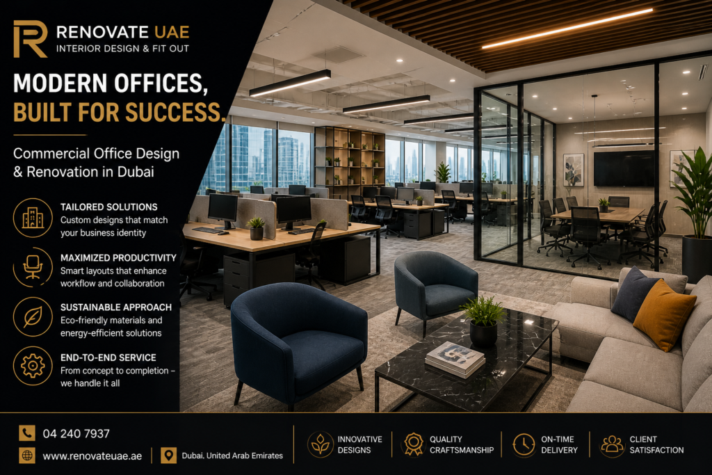 Commercial office design Dubai with modern workspace, glass meeting rooms, and luxury interior fit out