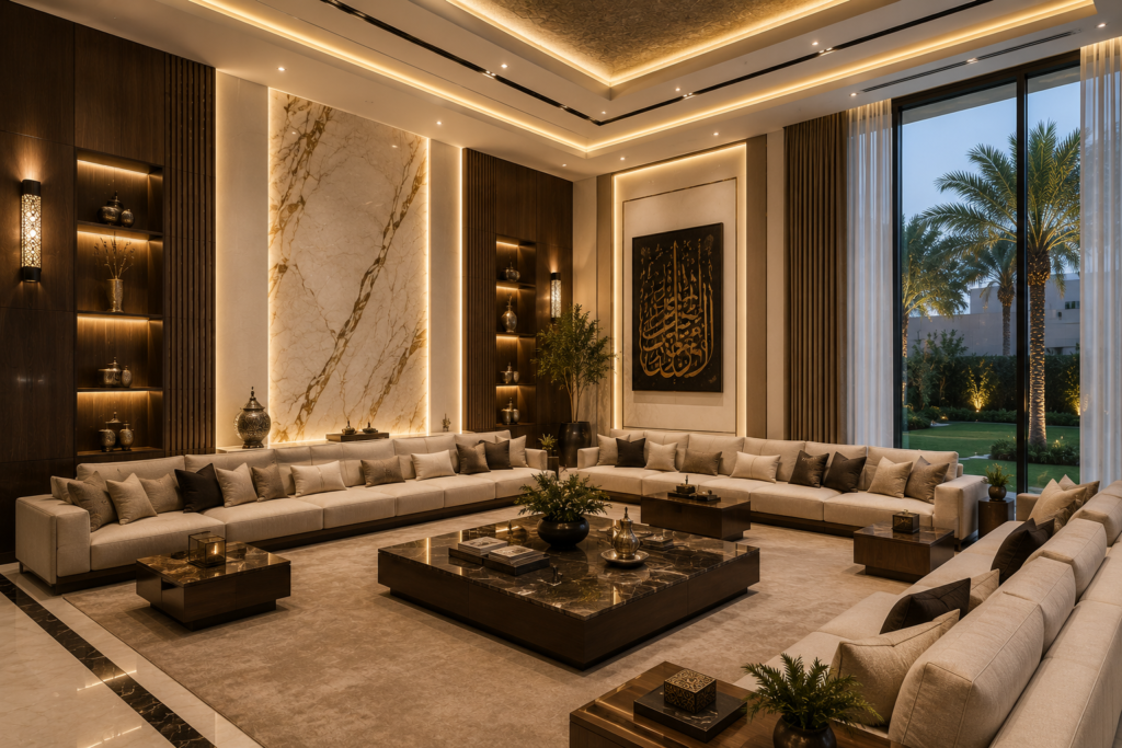 Luxury contemporary majlis interior design in UAE villa with warm lighting and modern Arabic style