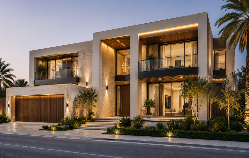 Luxury contemporary villa exterior design in UAE with warm lighting and modern architecture