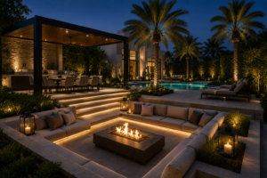 Luxury contemporary villa outdoor lounge and pool design in UAE with pergola, fire pit, and modern landscaping
