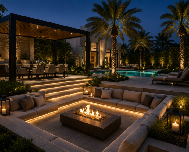 Luxury contemporary villa outdoor lounge and pool design in UAE with pergola, fire pit, and modern landscaping