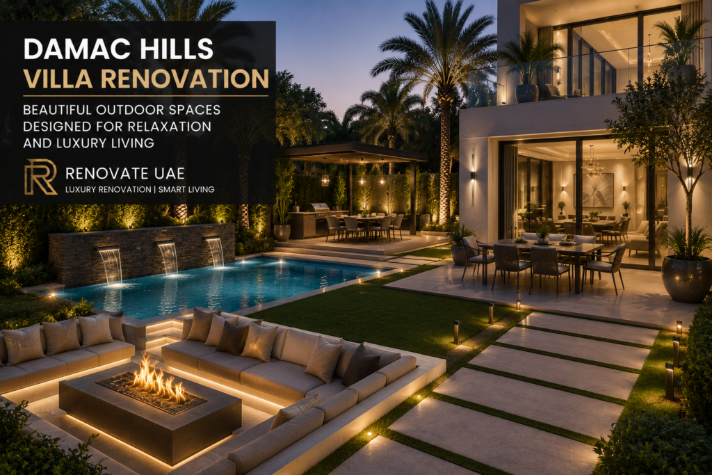 DAMAC Hills Villa Renovation luxury outdoor landscaping and pool design by Renovate UAE