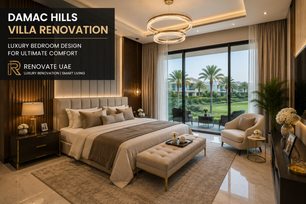 DAMAC Hills Villa Renovation luxury modern bedroom design by Renovate UAE