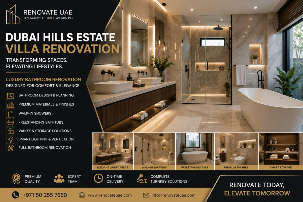 Luxury bathroom renovation in Dubai Hills Estate villa with walk-in shower, freestanding bathtub, and marble finishing