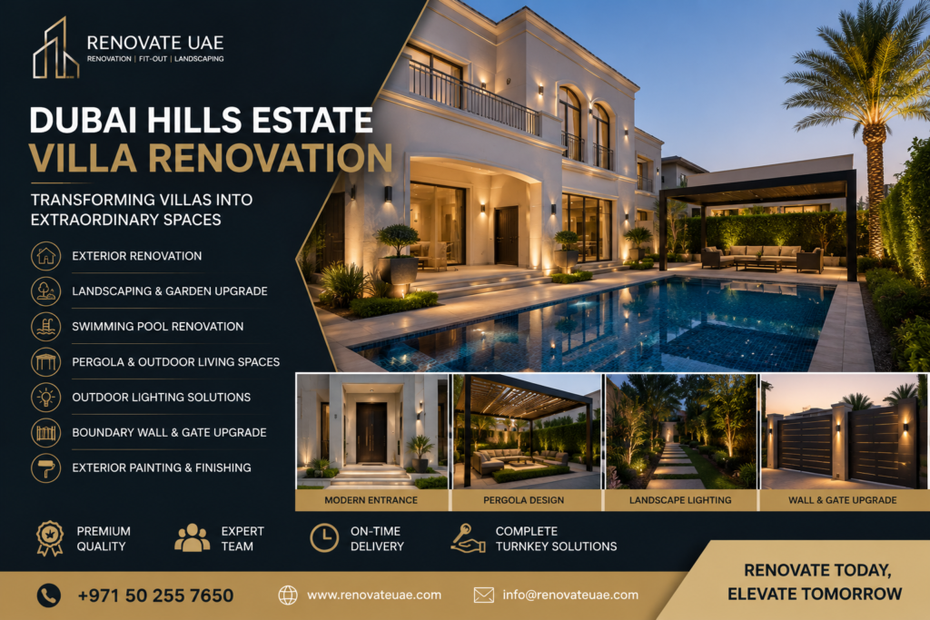 Luxury exterior villa renovation in Dubai Hills Estate with swimming pool, pergola, landscaping, and outdoor lighting