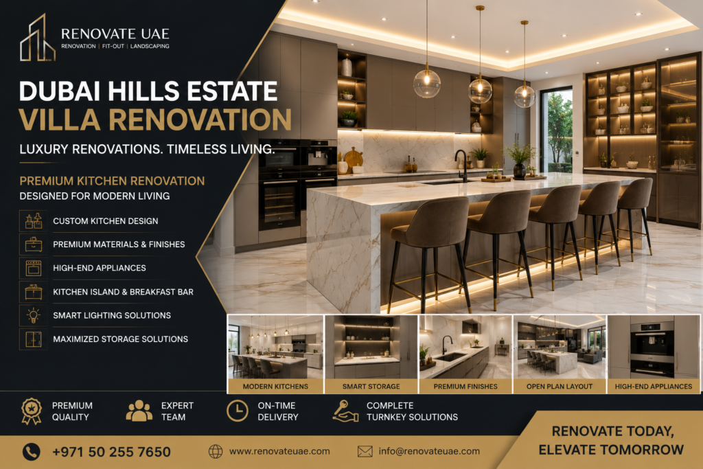 Luxury modern kitchen renovation in Dubai Hills Estate villa with marble island and premium lighting