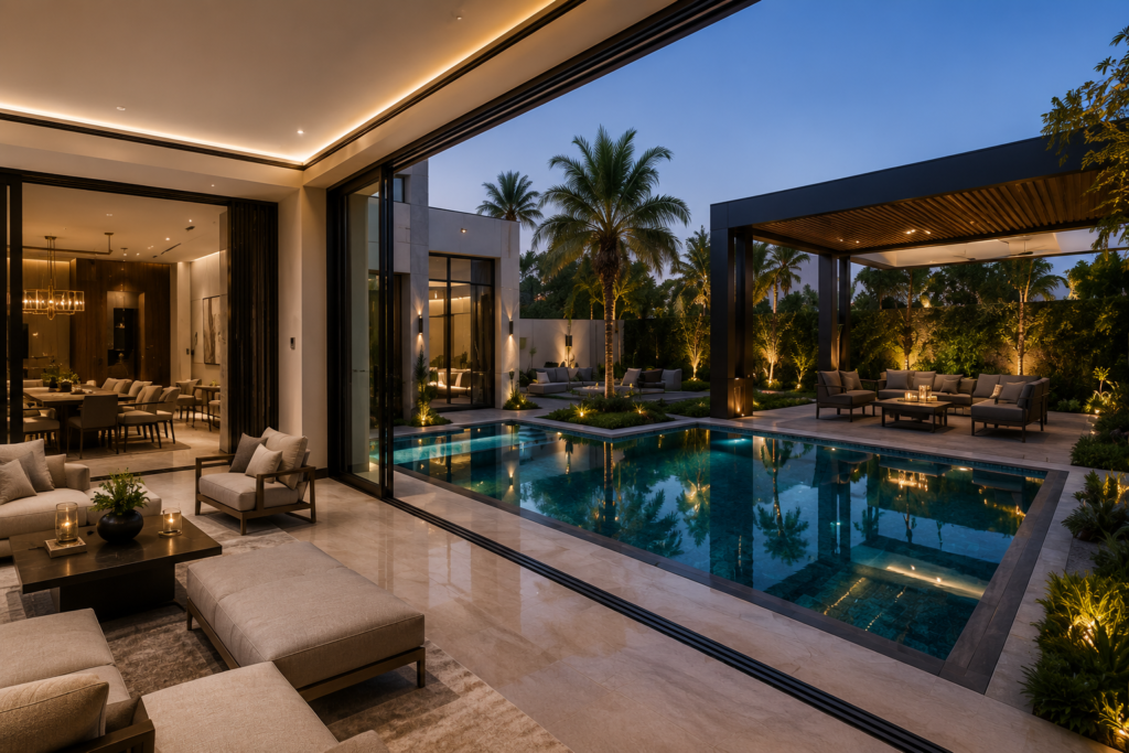 Luxury indoor outdoor living space in contemporary UAE villa with pool and pergola