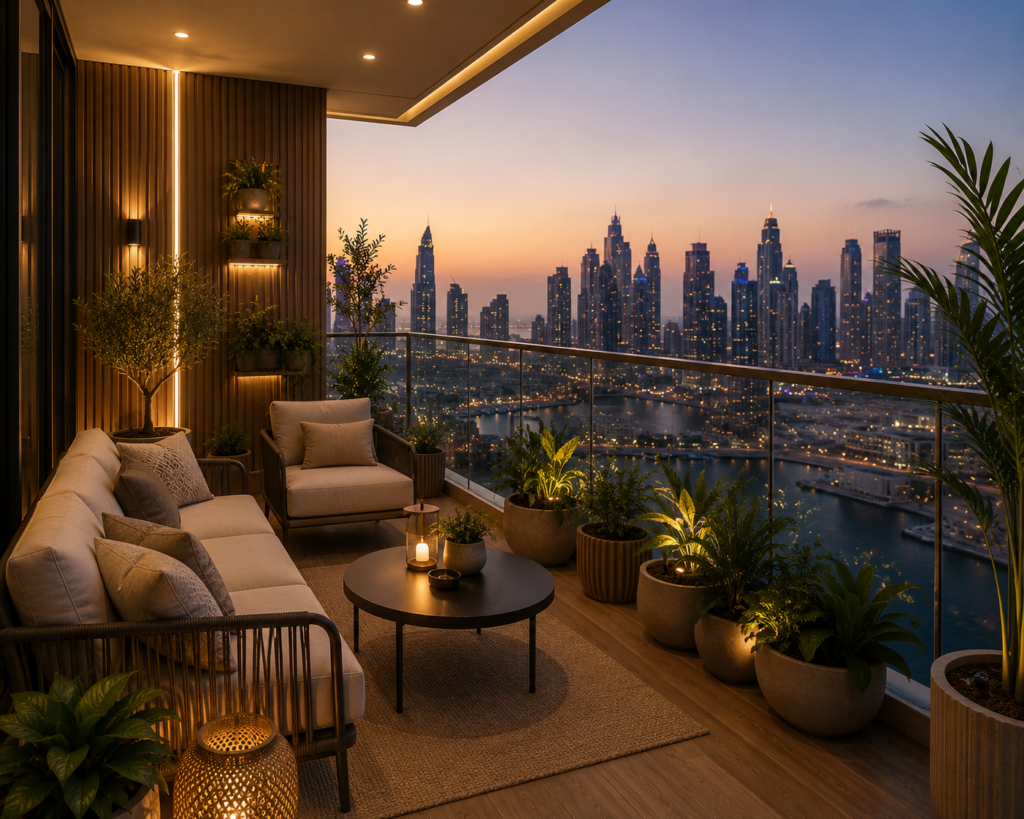 Luxury apartment balcony design Dubai with skyline view and outdoor seating