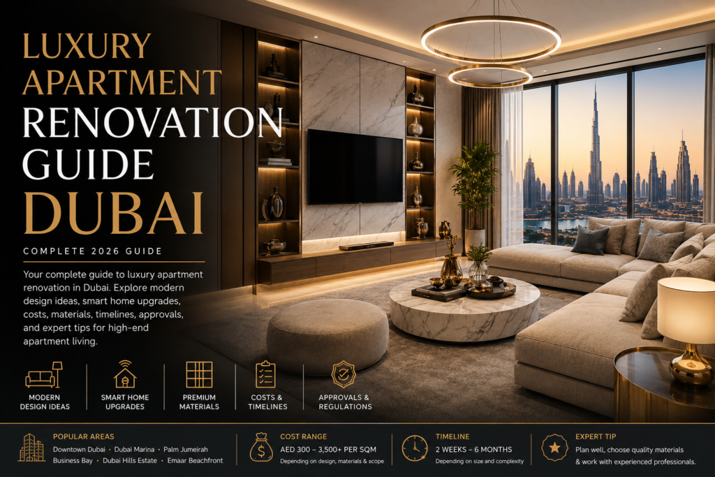 Luxury apartment renovation guide Dubai with modern living room interior and skyline view