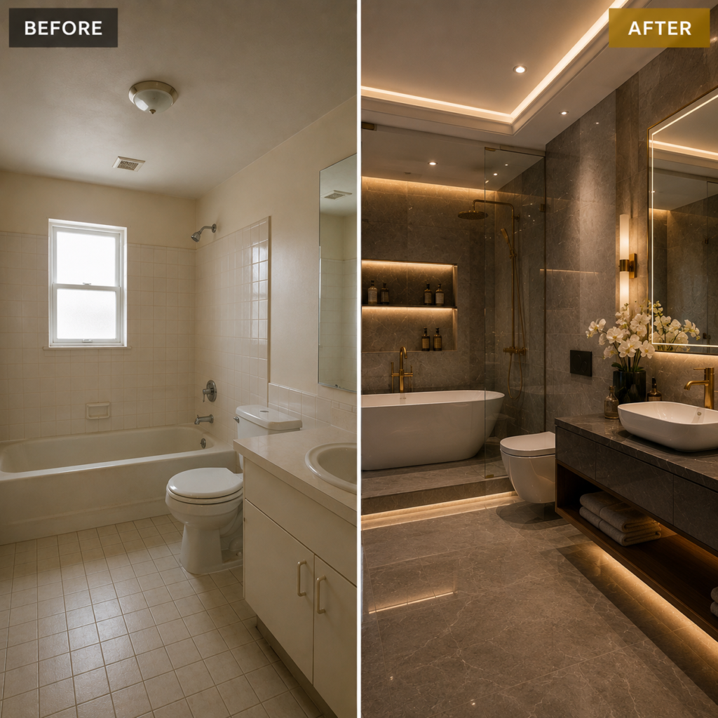 Luxury bathroom renovation before and after with premium marble and glass shower