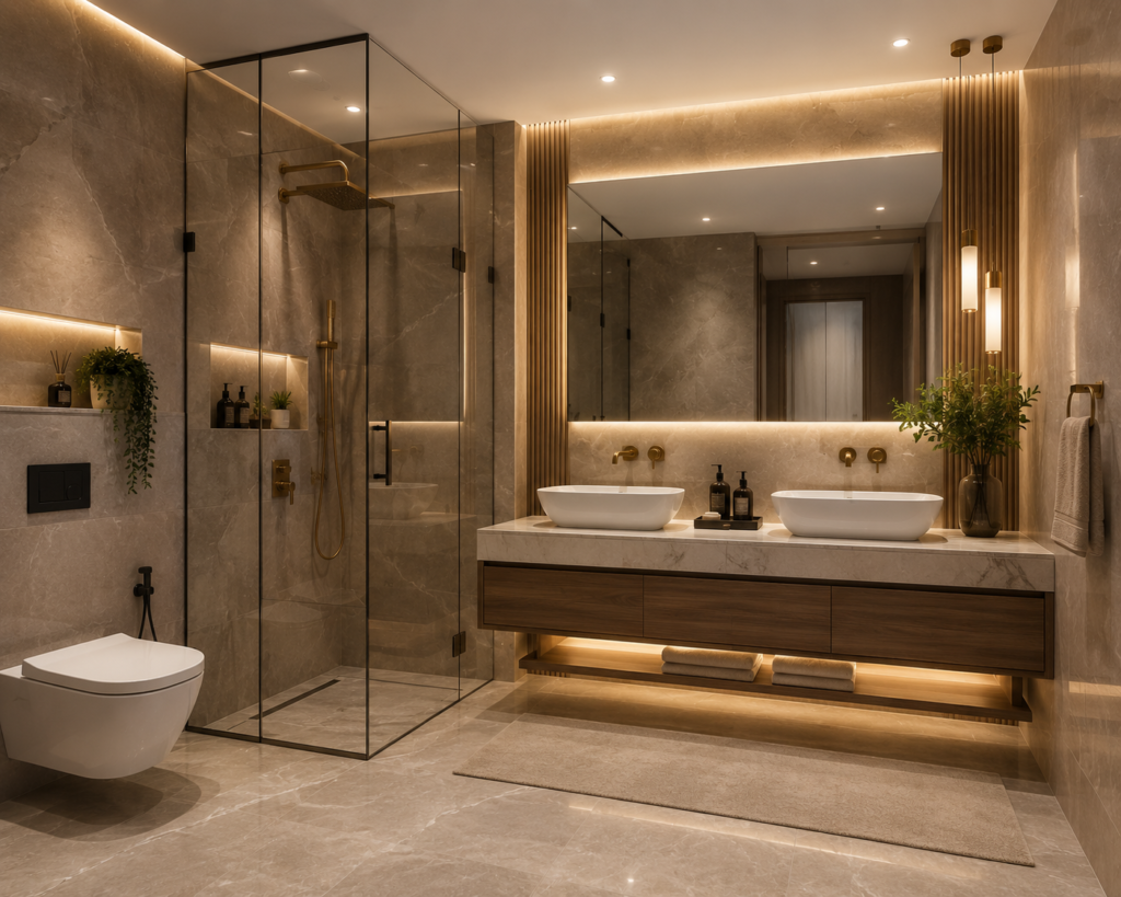 Luxury bathroom renovation Dubai with walk in shower and floating vanity