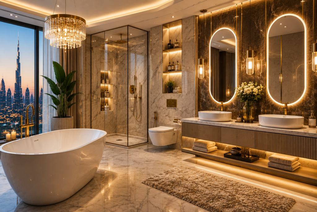 Luxury bathroom renovation Dubai with freestanding bathtub and marble walls