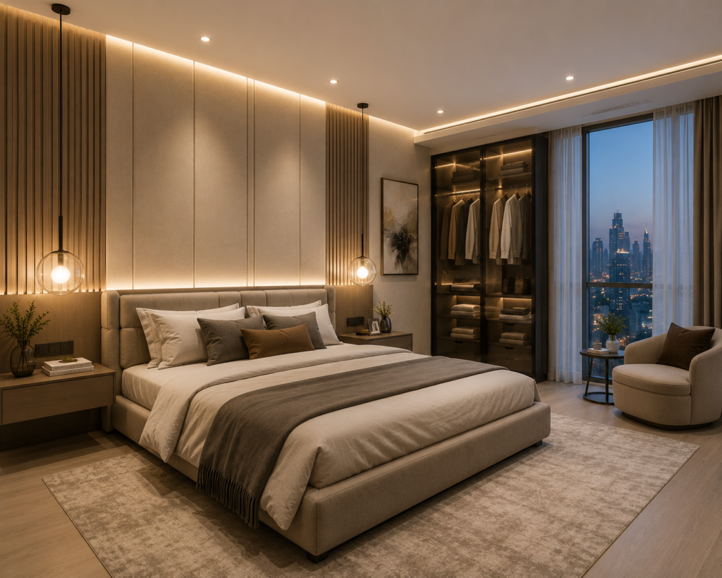 Luxury bedroom interior renovation Dubai with modern wardrobe and LED lighting