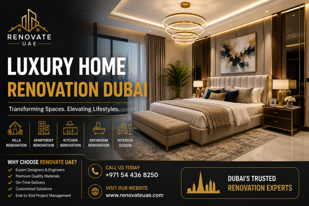 Luxury bedroom renovation Dubai with modern interior design, elegant lighting, premium wall panels, and luxury furniture by Renovate UAE