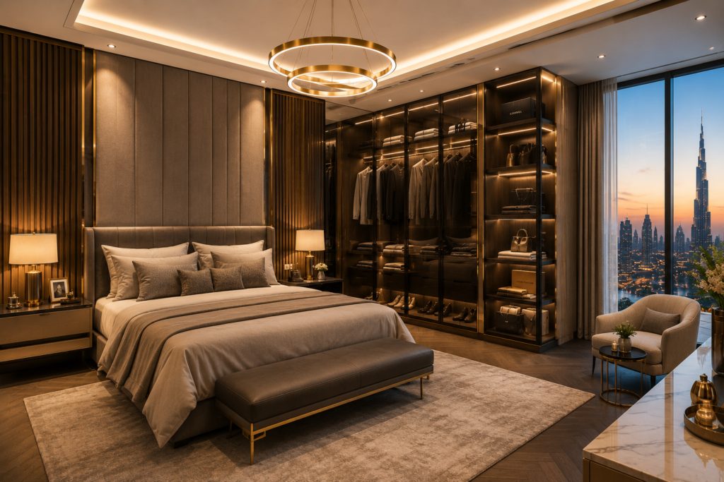 Luxury bedroom renovation Dubai with walk in closet and modern lighting