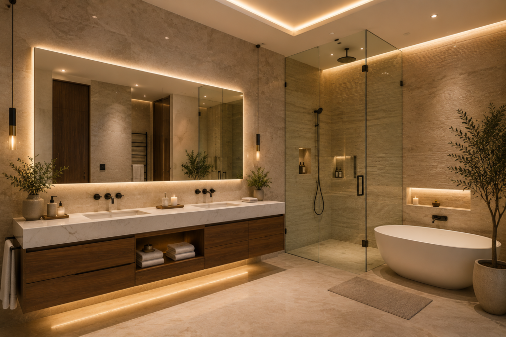 Modern luxury bathroom design in UAE villa with walk in shower and freestanding bathtub