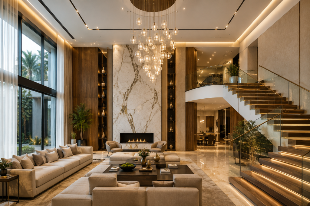 Modern double height living room design in UAE luxury villa with staircase and chandelier