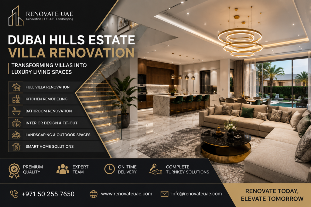 Modern luxury Dubai Hills Estate villa renovation interior with marble flooring and designer lighting