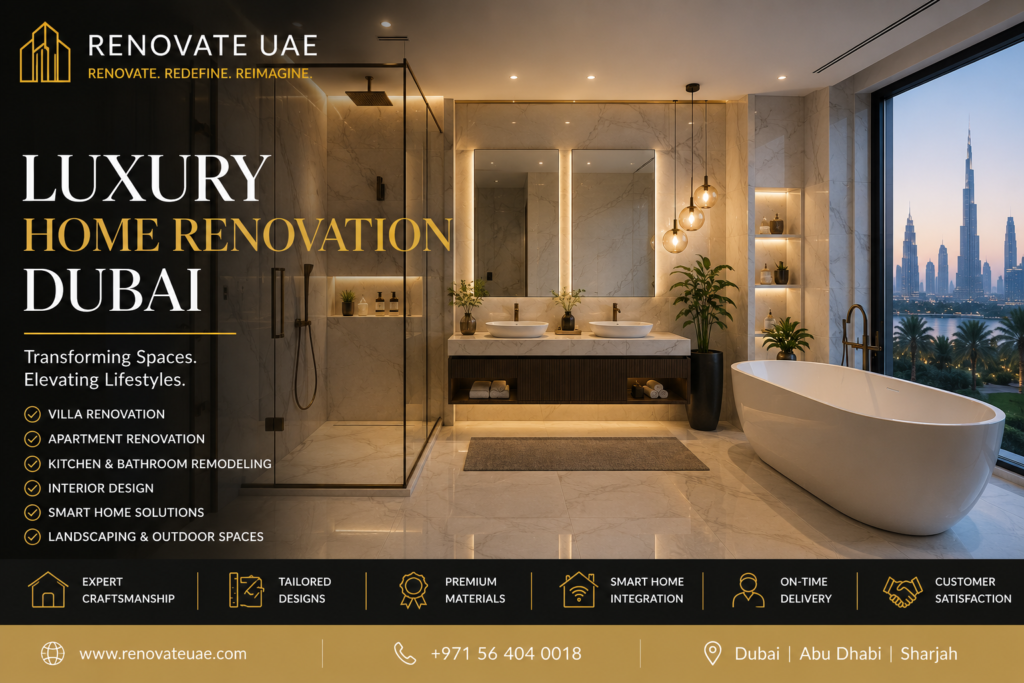 Luxury home renovation Dubai modern bathroom interior by Renovate UAE