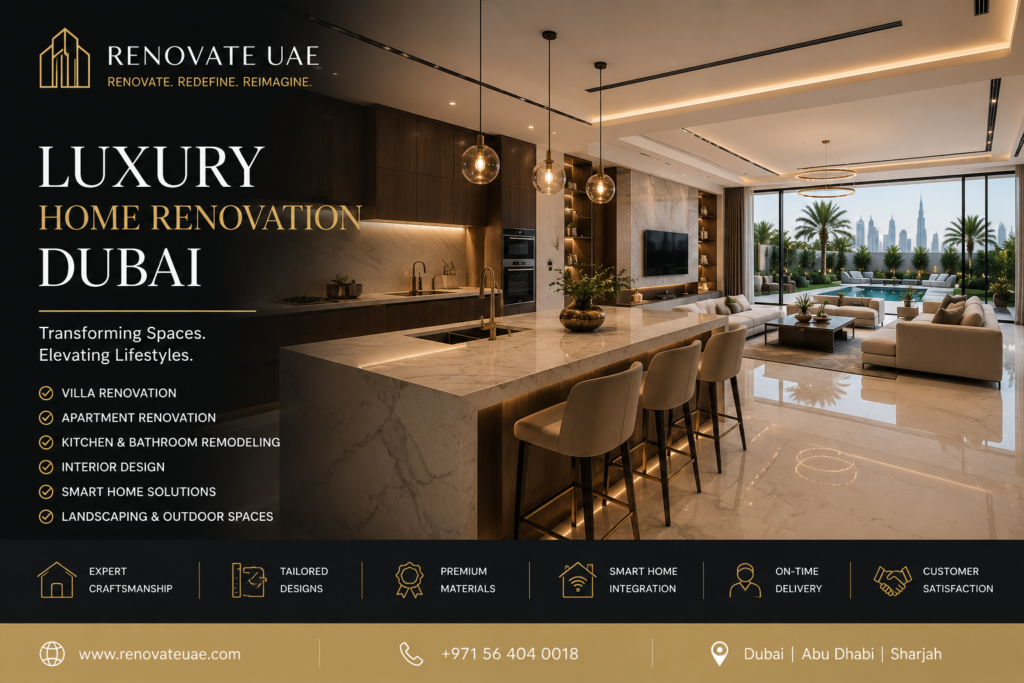 Luxury home renovation Dubai modern kitchen and living room interior by Renovate UAE
