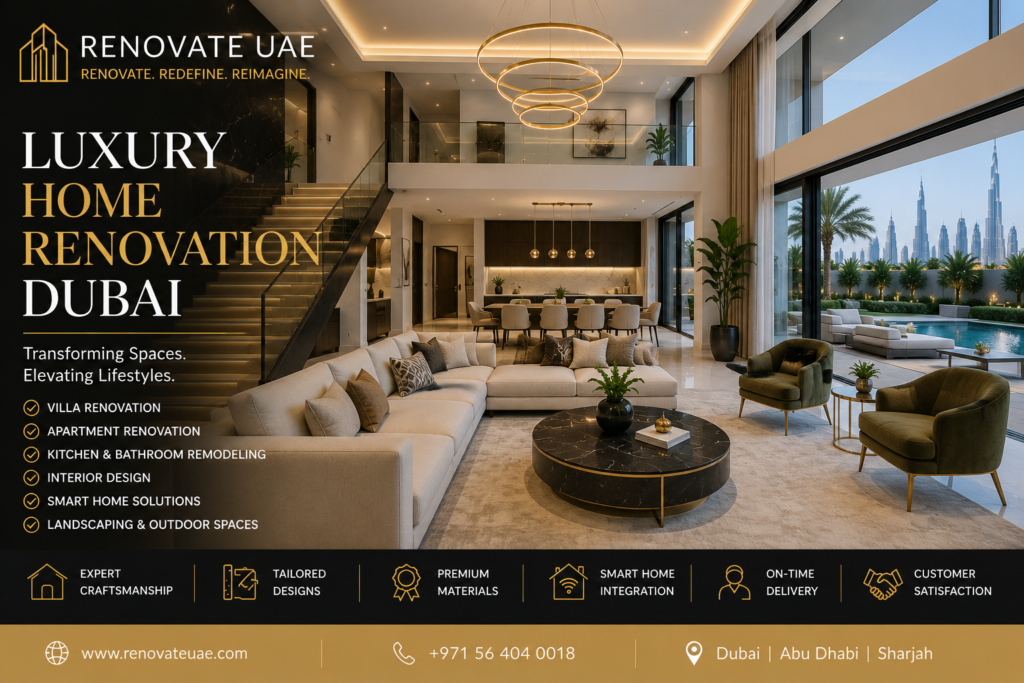 Luxury home renovation Dubai modern villa living room interior by Renovate UAE