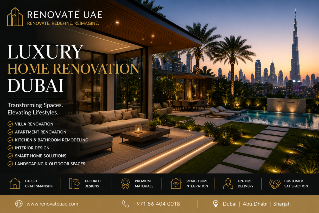 Luxury home renovation Dubai outdoor villa landscaping and pool design by Renovate UAE