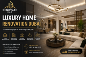 Luxury home renovation Dubai living room interior design by Renovate UAE with modern villa renovation and premium interior finishing