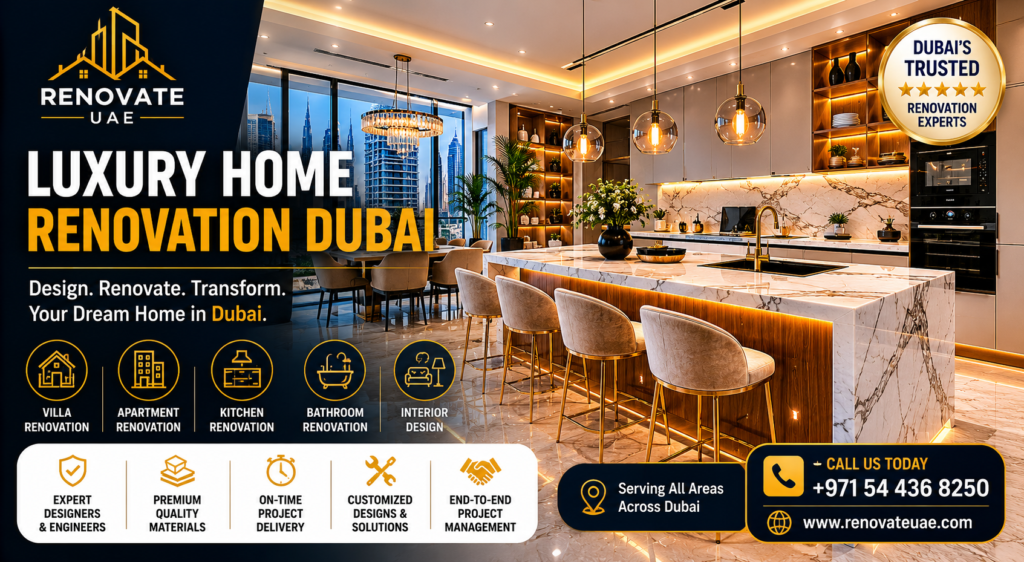 Luxury kitchen renovation Dubai with marble island, modern lighting, premium cabinetry, and elegant interior design by Renovate UAE