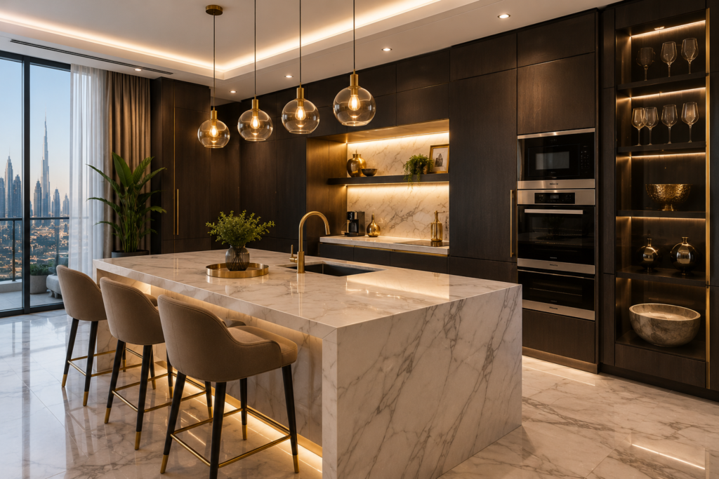 Luxury kitchen renovation Dubai with marble island and modern dark cabinets