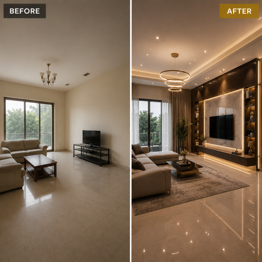 Luxury living room renovation before and after with TV wall and wall paneling