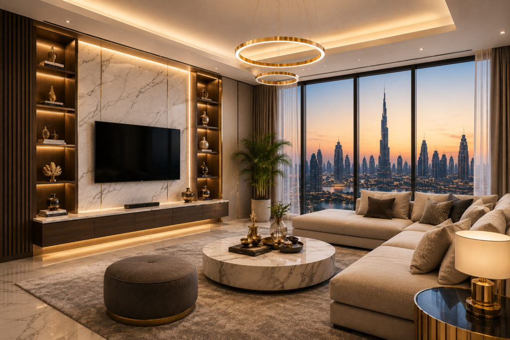 Luxury living room renovation Dubai with marble TV wall and modern interior design