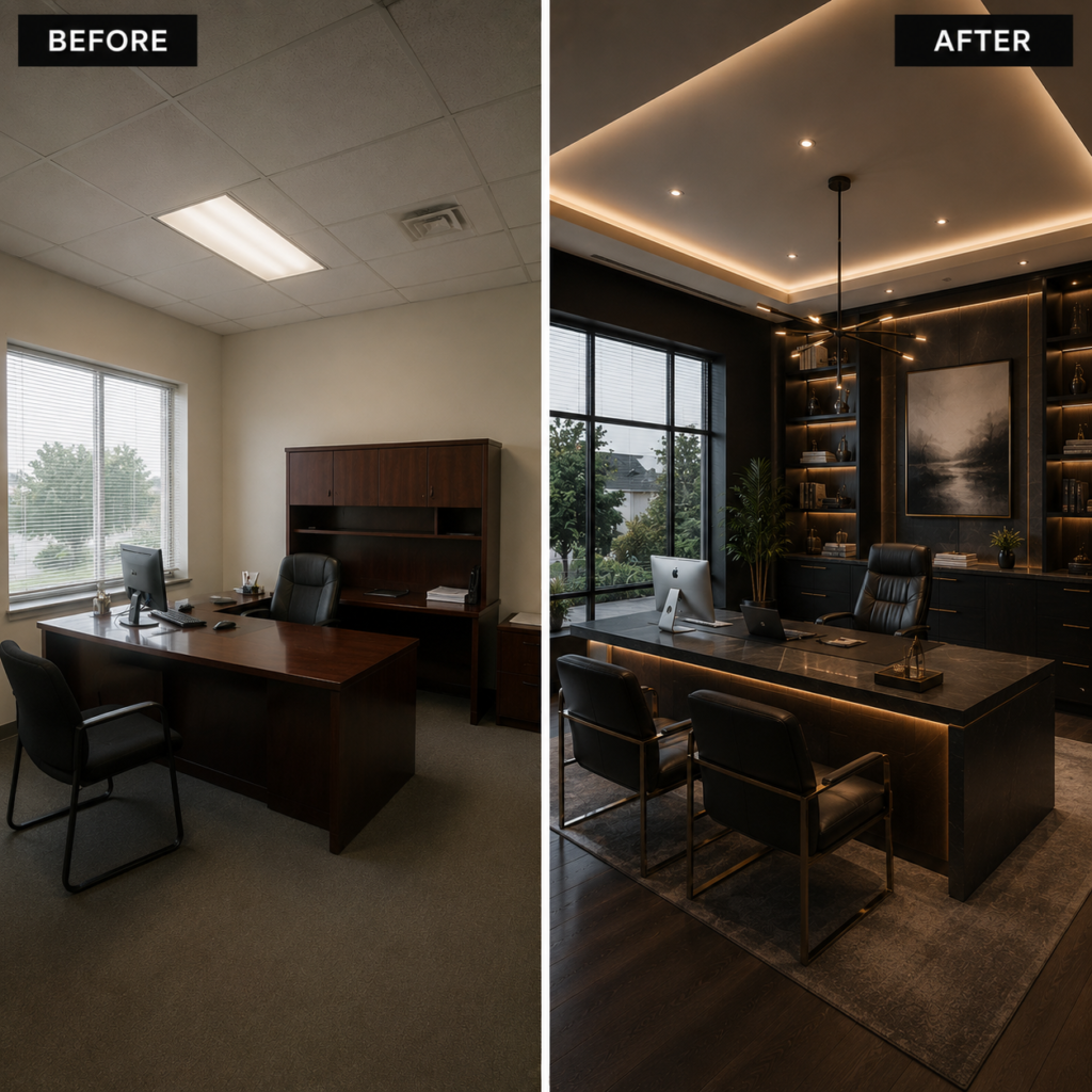 Luxury office renovation before and after with modern executive office interior