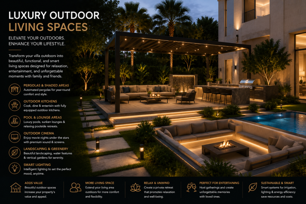 Luxury outdoor living space with pergola and pool in Dubai villa