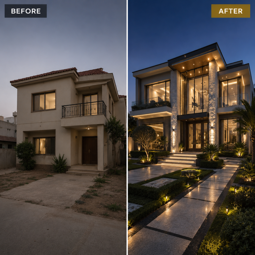Luxury villa renovation before and after in Dubai with modern exterior transformation